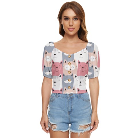 Cute Seamless Pattern With Cats Button Up Blouse by uniart180623