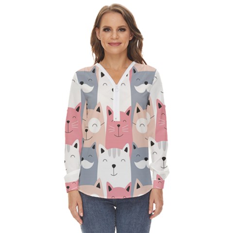 Cute Seamless Pattern With Cats Zip Up Long Sleeve Blouse by uniart180623