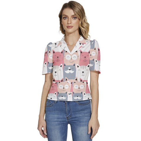 Cute Seamless Pattern With Cats Puffed Short Sleeve Button Up Jacket by uniart180623