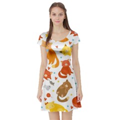 Seamless Pattern With Kittens White Background Short Sleeve Skater Dress by uniart180623