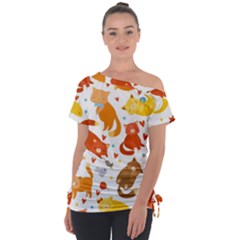 Seamless Pattern With Kittens White Background Off Shoulder Tie-up Tee