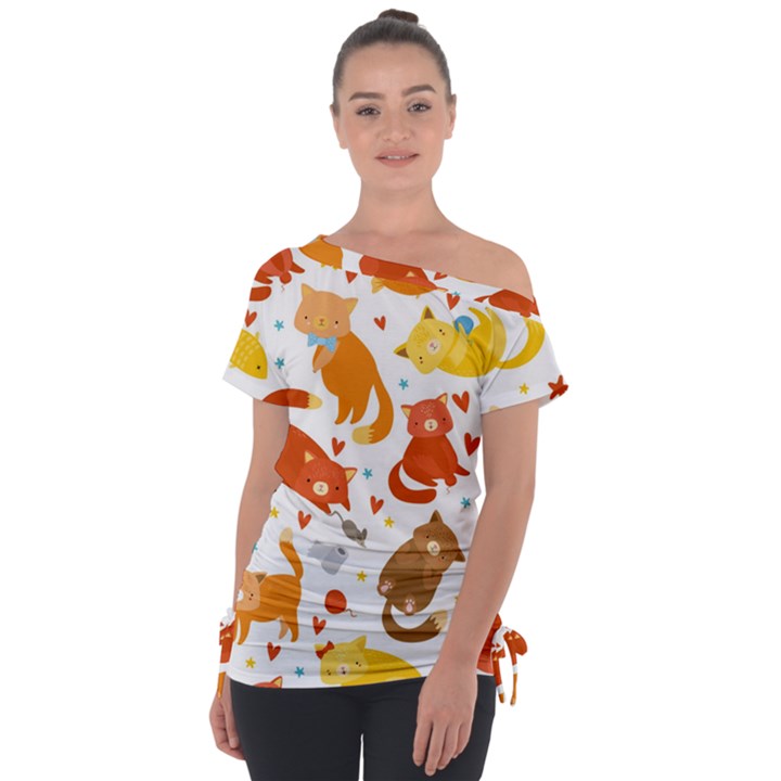 Seamless Pattern With Kittens White Background Off Shoulder Tie-Up Tee