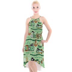 Seamless Pattern Fishes Pirates Cartoon High-low Halter Chiffon Dress  by uniart180623