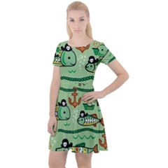 Seamless Pattern Fishes Pirates Cartoon Cap Sleeve Velour Dress  by uniart180623