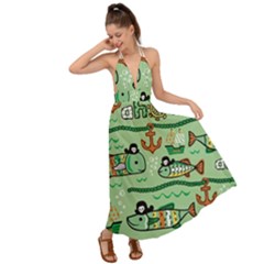 Seamless Pattern Fishes Pirates Cartoon Backless Maxi Beach Dress by uniart180623