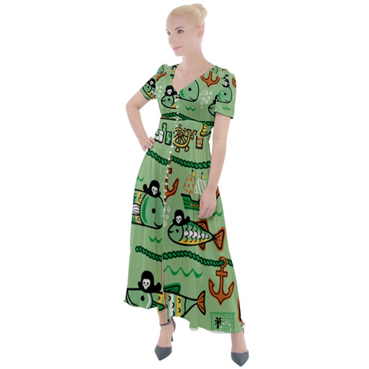 Seamless Pattern Fishes Pirates Cartoon Button Up Short Sleeve Maxi Dress