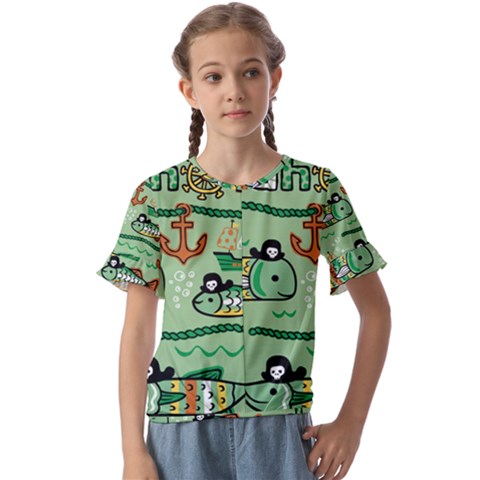 Seamless Pattern Fishes Pirates Cartoon Kids  Cuff Sleeve Scrunch Bottom Tee by uniart180623