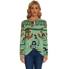 Seamless Pattern Fishes Pirates Cartoon Long Sleeve Crew Neck Pullover Top by uniart180623