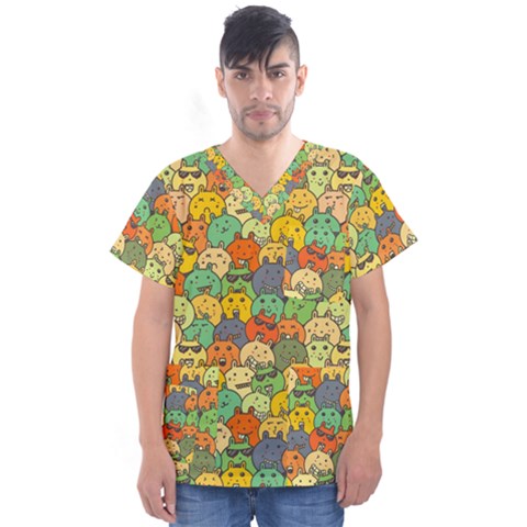 Seamless Pattern With Doodle Bunny Men s V-neck Scrub Top by uniart180623