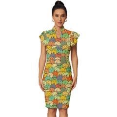 Seamless Pattern With Doodle Bunny Vintage Frill Sleeve V-neck Bodycon Dress