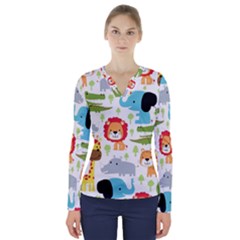 Seamless-pattern-vector-with-animals-cartoon V-neck Long Sleeve Top by uniart180623