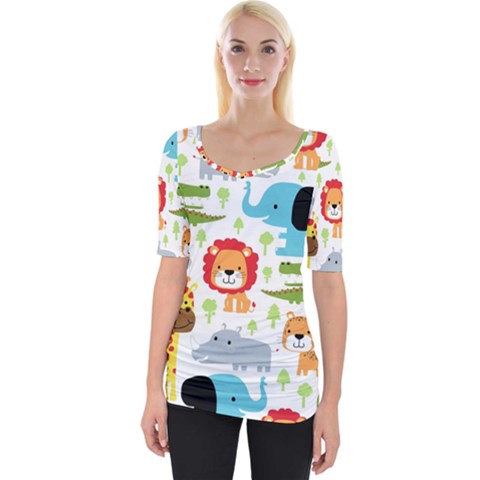 Seamless-pattern-vector-with-animals-cartoon Wide Neckline Tee by uniart180623