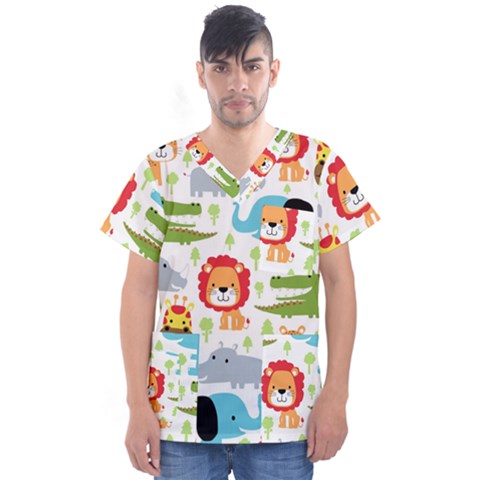 Seamless-pattern-vector-with-animals-cartoon Men s V-neck Scrub Top by uniart180623