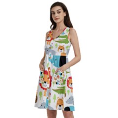 Seamless-pattern-vector-with-animals-cartoon Sleeveless Dress With Pocket