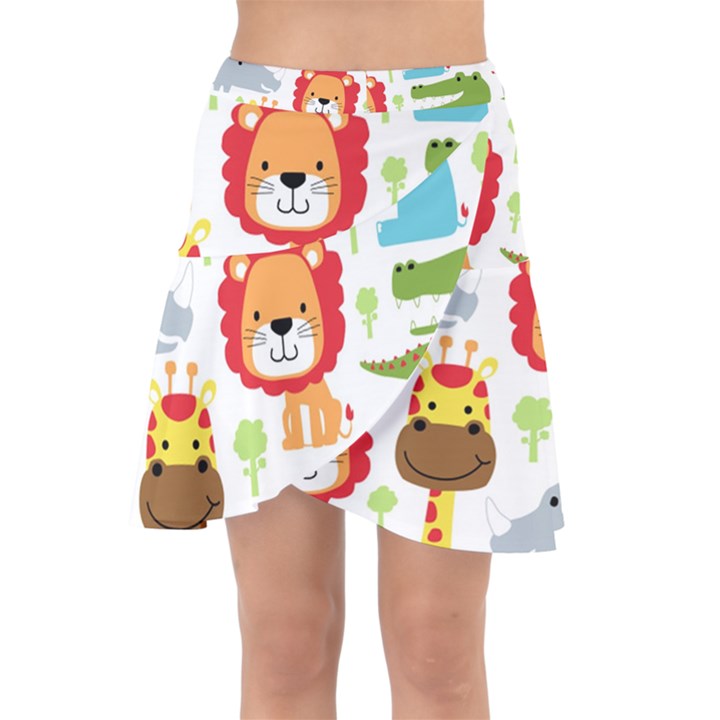 Seamless-pattern-vector-with-animals-cartoon Wrap Front Skirt