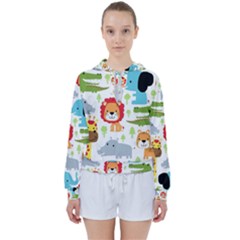 Seamless-pattern-vector-with-animals-cartoon Women s Tie Up Sweat by uniart180623