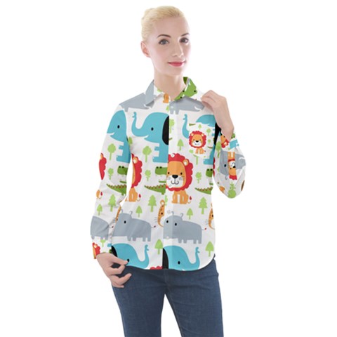 Seamless-pattern-vector-with-animals-cartoon Women s Long Sleeve Pocket Shirt by uniart180623