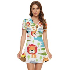 Seamless-pattern-vector-with-animals-cartoon V-neck High Waist Chiffon Mini Dress by uniart180623