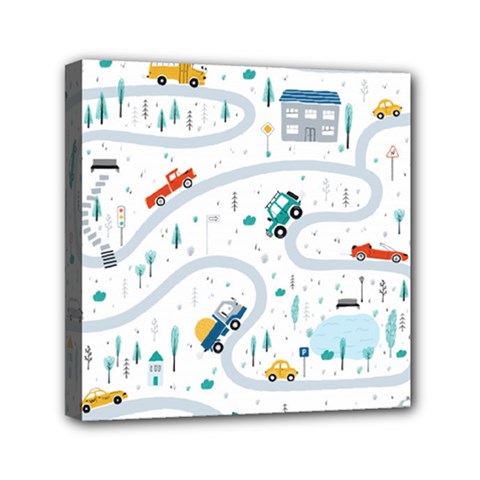 Cute-children-s-seamless-pattern-with-cars-road-park-houses-white-background-illustration-town Mini Canvas 6  X 6  (stretched) by uniart180623