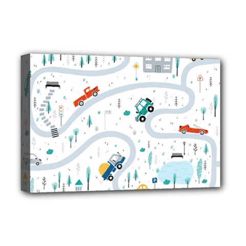 Cute-children-s-seamless-pattern-with-cars-road-park-houses-white-background-illustration-town Deluxe Canvas 18  X 12  (stretched) by uniart180623