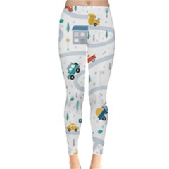 Cute-children-s-seamless-pattern-with-cars-road-park-houses-white-background-illustration-town Everyday Leggings  by uniart180623