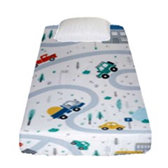 Cute-children-s-seamless-pattern-with-cars-road-park-houses-white-background-illustration-town Fitted Sheet (single Size) by uniart180623