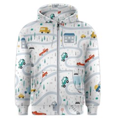 Cute-children-s-seamless-pattern-with-cars-road-park-houses-white-background-illustration-town Men s Zipper Hoodie by uniart180623