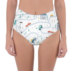 Cute-children-s-seamless-pattern-with-cars-road-park-houses-white-background-illustration-town Reversible High-waist Bikini Bottoms by uniart180623