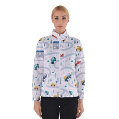 Cute-children-s-seamless-pattern-with-cars-road-park-houses-white-background-illustration-town Women s Bomber Jacket by uniart180623