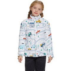 Cute-children-s-seamless-pattern-with-cars-road-park-houses-white-background-illustration-town Kids  Puffer Bubble Jacket Coat by uniart180623