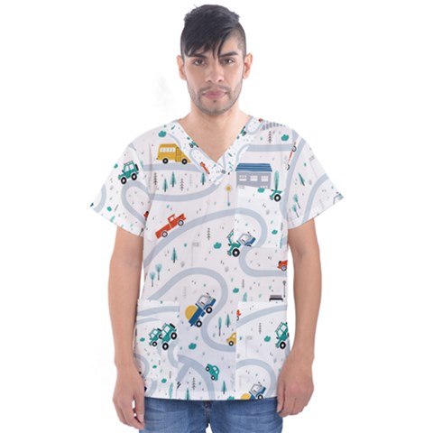 Cute-children-s-seamless-pattern-with-cars-road-park-houses-white-background-illustration-town Men s V-neck Scrub Top by uniart180623