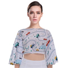 Cute-children-s-seamless-pattern-with-cars-road-park-houses-white-background-illustration-town Tie Back Butterfly Sleeve Chiffon Top by uniart180623