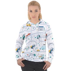 Cute-children-s-seamless-pattern-with-cars-road-park-houses-white-background-illustration-town Women s Overhead Hoodie by uniart180623