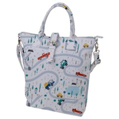 Cute-children-s-seamless-pattern-with-cars-road-park-houses-white-background-illustration-town Buckle Top Tote Bag by uniart180623