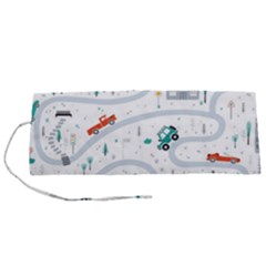 Cute-children-s-seamless-pattern-with-cars-road-park-houses-white-background-illustration-town Roll Up Canvas Pencil Holder (s) by uniart180623