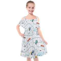 Cute-children-s-seamless-pattern-with-cars-road-park-houses-white-background-illustration-town Kids  Cut Out Shoulders Chiffon Dress by uniart180623