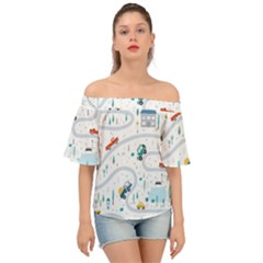 Cute-children-s-seamless-pattern-with-cars-road-park-houses-white-background-illustration-town Off Shoulder Short Sleeve Top by uniart180623