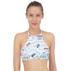 Cute-children-s-seamless-pattern-with-cars-road-park-houses-white-background-illustration-town Halter Bikini Top by uniart180623