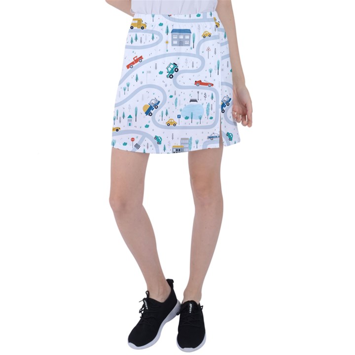 Cute-children-s-seamless-pattern-with-cars-road-park-houses-white-background-illustration-town Tennis Skirt