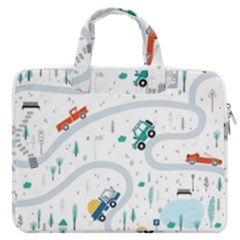 Cute-children-s-seamless-pattern-with-cars-road-park-houses-white-background-illustration-town Macbook Pro 13  Double Pocket Laptop Bag by uniart180623