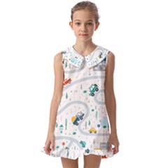 Cute-children-s-seamless-pattern-with-cars-road-park-houses-white-background-illustration-town Kids  Pilgrim Collar Ruffle Hem Dress by uniart180623