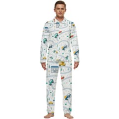 Cute-children-s-seamless-pattern-with-cars-road-park-houses-white-background-illustration-town Men s Long Sleeve Velvet Pocket Pajamas Set by uniart180623