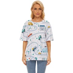 Cute-children-s-seamless-pattern-with-cars-road-park-houses-white-background-illustration-town Oversized Basic Tee by uniart180623