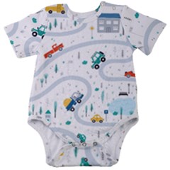 Cute-children-s-seamless-pattern-with-cars-road-park-houses-white-background-illustration-town Baby Short Sleeve Bodysuit by uniart180623