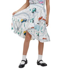 Cute-children-s-seamless-pattern-with-cars-road-park-houses-white-background-illustration-town Kids  Ruffle Flared Wrap Midi Skirt by uniart180623