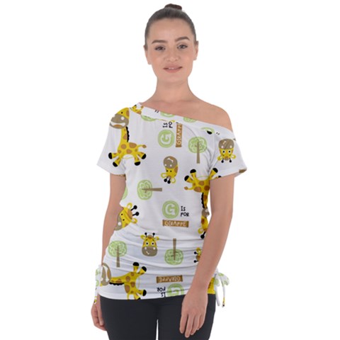 Vector-pattern-with-cute-giraffe-cartoon Off Shoulder Tie-up Tee by uniart180623