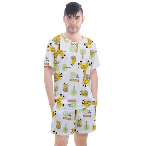 Vector-pattern-with-cute-giraffe-cartoon Men s Mesh Tee And Shorts Set by uniart180623