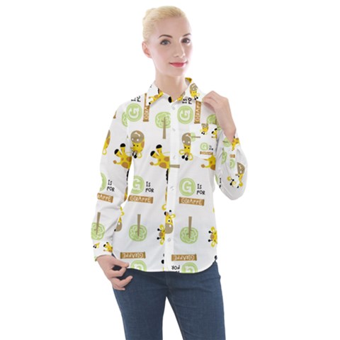 Vector-pattern-with-cute-giraffe-cartoon Women s Long Sleeve Pocket Shirt by uniart180623