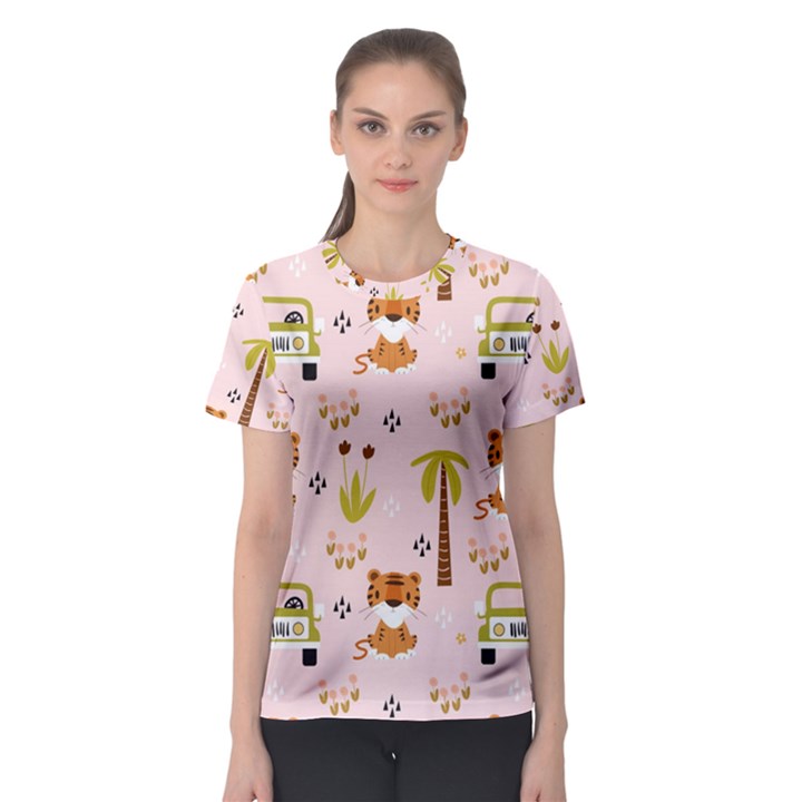 Cute-tiger-car-safari-seamless-pattern Women s Sport Mesh Tee