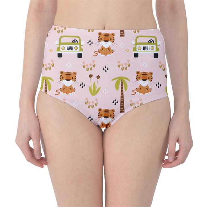 Cute-tiger-car-safari-seamless-pattern Classic High-Waist Bikini Bottoms